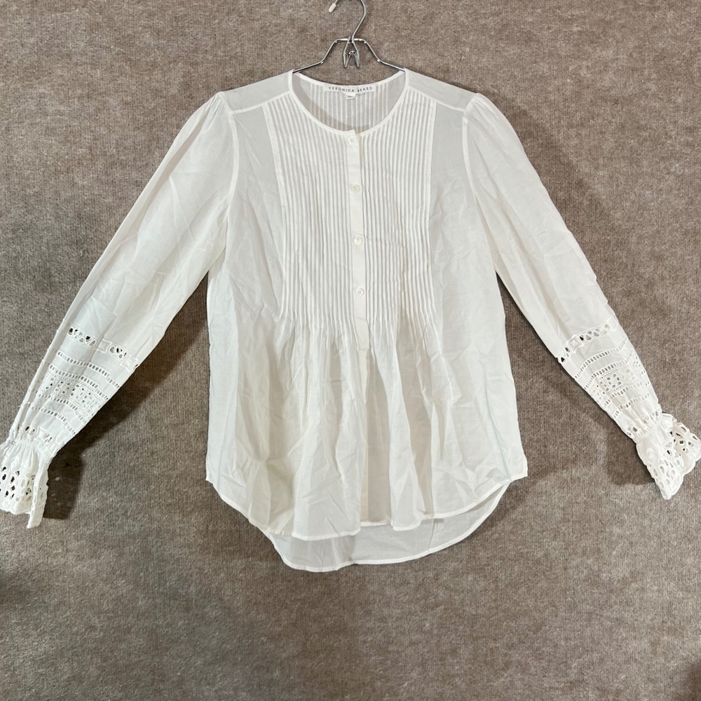 Veronica Beard Blouse Womens 6 White Pintuck Eyelet Lace Cotton Boho Romantic